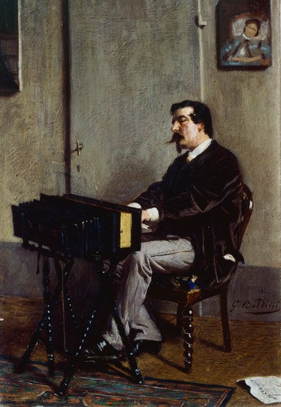 ジョヴァンニ・ボルディーニ（1842-1931）作のハルモニウムを手にする画家クリスティアーノ・バンティ、油彩・キャンバス、28x19 cm 作： Giovanni Boldini