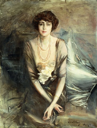 1919年に着席したジョージマクファデン夫人の肖像、4分の3の長さ 作： Giovanni Boldini