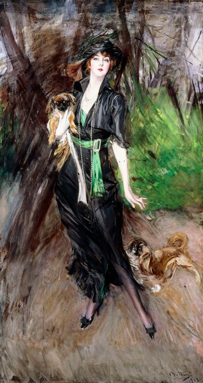 女性の肖像、リナビリチス、2人のペキネーゼ、1913年 作： Giovanni Boldini