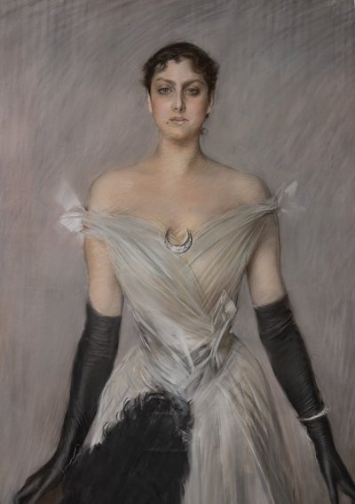 Retrato de uma senhora de branco com luvas e leque, detalhe 作： Giovanni Boldini