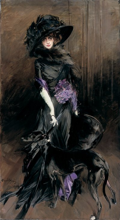グレイハウンドと一緒にいるマルケーサ・ルイサ・カサーティの肖像 作： Giovanni Boldini
