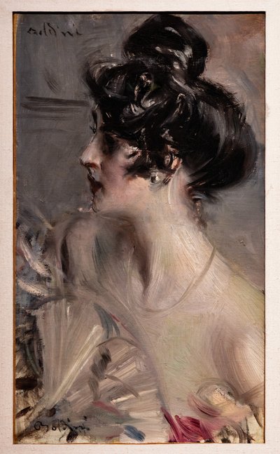 Nuoren ruskeanruskean profiilin hiukset sämpylässä 作： Giovanni Boldini