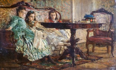 ジョヴァンニ・ボルディーニ（1842-1931）の「ラスカラキ姉妹」、木に油彩 作： Giovanni Boldini