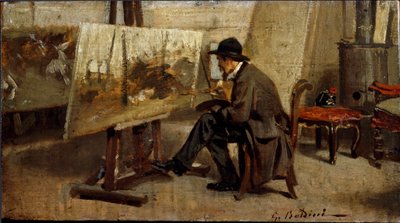 画家ジョヴァンニ・ファットーリの工房にて ジョヴァンニ・ボルディーニ（1842-1931）の作品とされる絵画 1863-1869年 日。13x24 cm ミラノ個人蔵 作： Giovanni Boldini