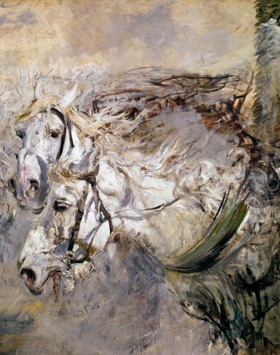 二頭の白馬 ジョバンニ・ボルディーニ（1842-1931）の絵画 1874年 薄暗い。153x122 cm ピストイア、ボルディーニ・コレクション 作： Giovanni Boldini