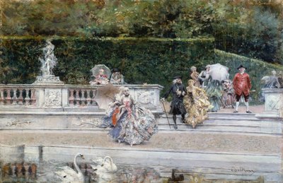 18世紀の服を着た人々がいるヴェルサイユの庭の眺め」ジョヴァンニ・ボルディーニ（1842-1931）作、油彩・パネル 作： Giovanni Boldini