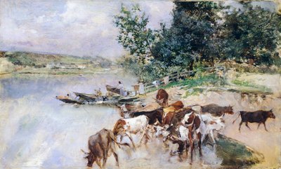 ジョバンニ・ボルディーニ（1842-1931）による「セーヌ川での牛の水やり」。 作： Giovanni Boldini