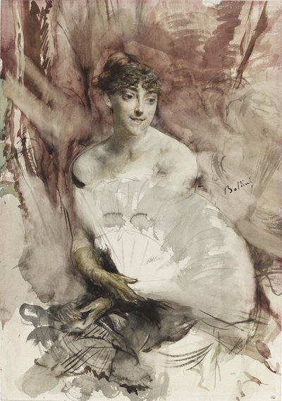劇場のボックスに座っているファンを持つ女性ラスティ伯爵、1878年頃 作： Giovanni Boldini