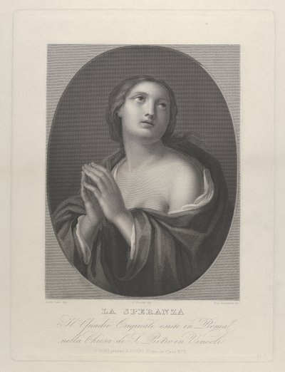 両手を合わせて左肩を見上げるホープの女性擬人化…、ca. 1835-81。 作： Giovanni Buonafede