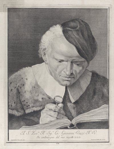 虫眼鏡で本を読んでいる帽子をかぶった男、1743年。 作： Giovanni Cattini
