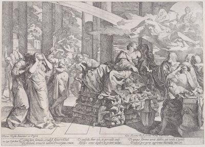 多くの人物に囲まれた中央の火葬場に横たわるディドの自殺、1650-55。 作： Giovanni Cesare Testa