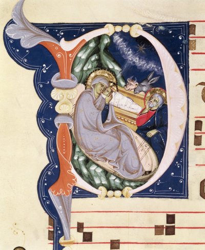 Ms 561 f.31v 14世紀初頭、サンジャコポディリポリ修道院からの漸進的なものからの、キリスト降誕を描いた歴史的な初期の「D」 作： Giovanni Cimabue