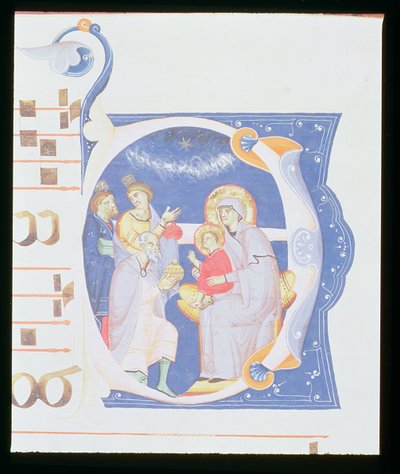 Ms 561 f.37r 14世紀初頭のサンジャコポディリポリ修道院の徐々の、マギの崇拝を描いた歴史的な初期の &39;O&39; 作： Giovanni Cimabue
