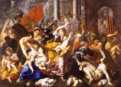 The Massacre of the Innocents、Johann Christoph Storer (1611-1671) 作、キャンバスに油彩、300x420 cm、St Eustorgio 教会、ミラノ、イタリア。 作： Giovanni Cristoforo Storer