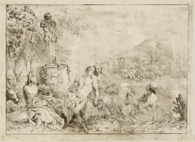 サテュロスの家族と古典彫刻のある風景 作： Giovanni David after Giovanni Benedetto Castiglione