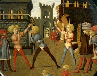 シヴェッティーノと呼ばれるゲーム、出産用トレイの正面からの詳細（円形の絵）、1450年頃、ジョヴァンニ・ディ・セル・ジョヴァンニ（ロ・シェッジア、1406-1486）、木にテンペラ 作： Giovanni Di Ser Giovanni Lo Scheggia Guidi