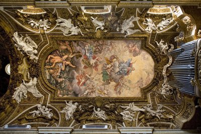 ローマのサンタ・マリア・デッラ・ヴィットーリア教会の金庫室、異端に対する聖母マリアの勝利、反乱天使の堕落を描いたフレスコ画、1675年にジョヴァンニ・ドメニコ・チェッリーニ（1609-1681）によって行われ、17世紀の建設、 イタリア語 作： Giovanni Domenico Cerrini