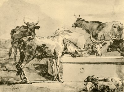 18世紀半ばから後半の水やりをする牛、1928年 作： Giovanni Domenico Tiepolo