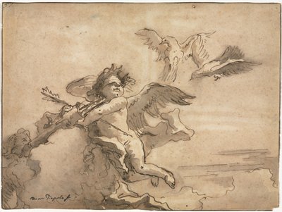 目隠しされたキューピッドと 2 羽の鳩 作： Giovanni Domenico Tiepolo