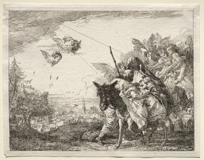 エジプトへの逃避：幼子キリストを見つめるために立ち止まるヨセフ 作： Giovanni Domenico Tiepolo