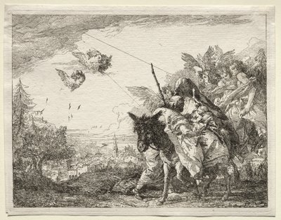 エジプトへの飛行：ヨセフは幼児のキリストを見つめるために一時停止します。 作： Giovanni Domenico Tiepolo
