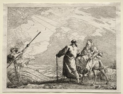エジプトへの逃避：川岸に到着した聖家族 作： Giovanni Domenico Tiepolo