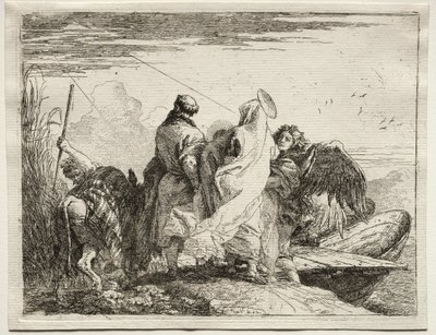 エジプトへの飛行：海岸を去る神聖な家族。 作： Giovanni Domenico Tiepolo