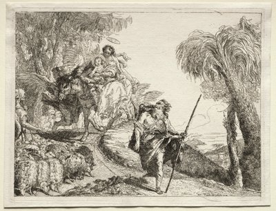 エジプトへの逃避：聖家族と羊の群れ 作： Giovanni Domenico Tiepolo