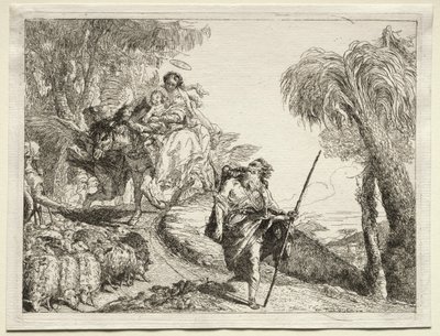 エジプトへの飛行：聖家族と羊の群れ。 作： Giovanni Domenico Tiepolo