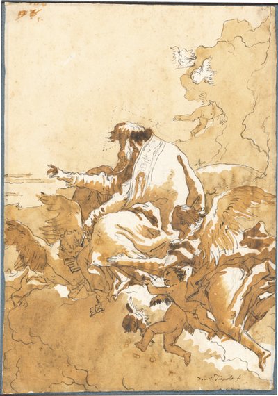 天使とプッティに囲まれた雲の中に座る父なる神 作： Giovanni Domenico Tiepolo