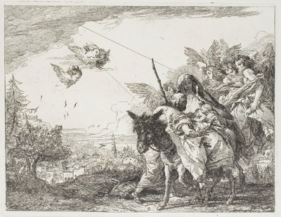 マリアの腕に抱かれた幼子を慕うヨセフ（『エジプトへの逃走』より9枚目 作： Giovanni Domenico Tiepolo