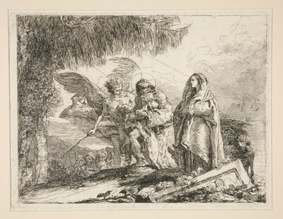 シリーズ Idee pittoresche sopra la fuga in Egitto (Flight into Egypt) から、腕にイエスを運ぶヨセフ 作： Giovanni Domenico Tiepolo