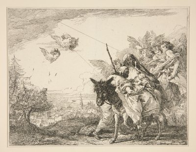 ジョセフは、エジプトへの逃避シリーズの幼児イエスを熟考します 作： Giovanni Domenico Tiepolo