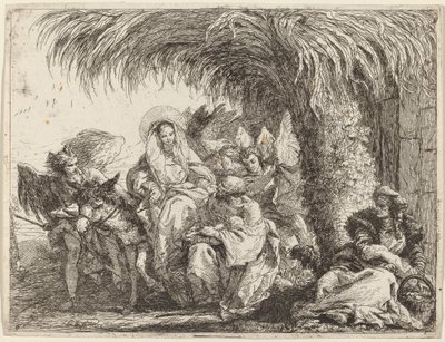 ヨセフはロバに乗ったマリアの前で子供と一緒にひざまずきます 作： Giovanni Domenico Tiepolo