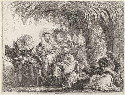 ヨセフはロバに乗ったマリアの前で子供と一緒にひざまずきます 作： Giovanni Domenico Tiepolo