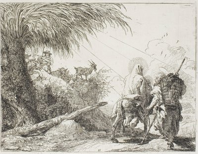 羊飼いとその群れを追い越すヨセフとマリア、『エジプトへの逃避』のプレート 11 作： Giovanni Domenico Tiepolo