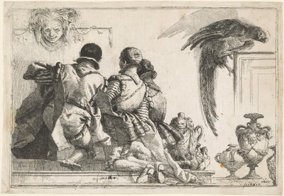 ひざまずくページ、マスク、オウム 作： Giovanni Domenico Tiepolo