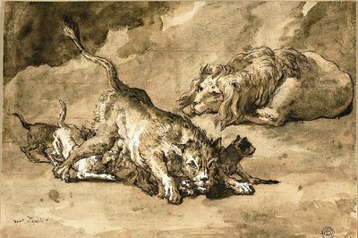 ライオン、雌ライオンと子ライオン 作： Giovanni Domenico Tiepolo