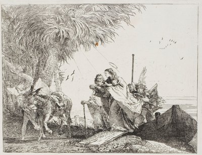 ヨセフと天使に助けられて船から降りるマリア、『エジプトへの逃避』のプレート 18 作： Giovanni Domenico Tiepolo