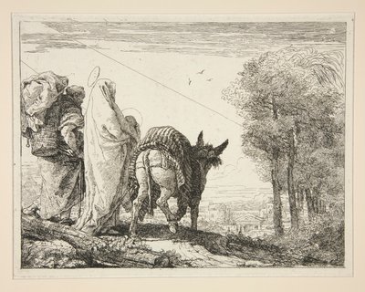 エギットのシリーズ Idee pittoresche sopra la fuga (エジプトへの逃避) から、子供を腕に抱くメアリー 作： Giovanni Domenico Tiepolo
