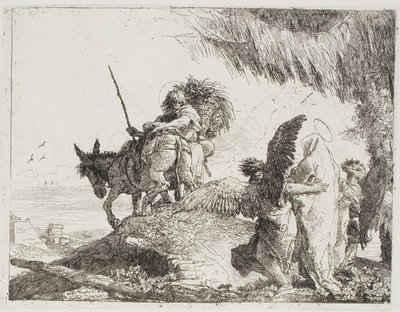 マリア、二人の天使に支えられ、ヨセフに従う、『エジプトへの逃避』プレート 26 作： Giovanni Domenico Tiepolo