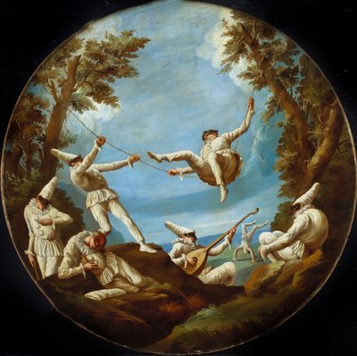 スイングのPunchinellos、音楽を作り、風景の中でアクロバットをする 作： Giovanni Domenico Tiepolo