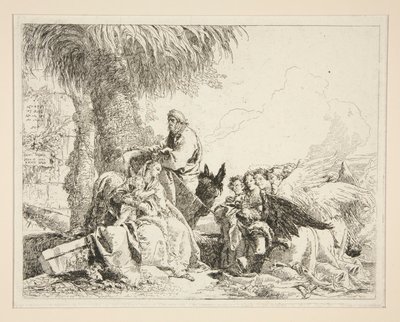 シリーズ Idee pittoresche sopra la fuga in Egitto (エジプトへの逃走) から、エジプトへの逃避中の休息 作： Giovanni Domenico Tiepolo