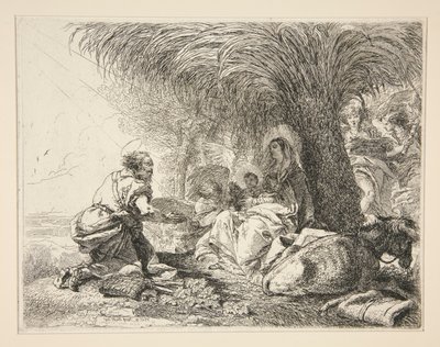 幼児イエスを崇拝する聖ヨセフ、シリーズ Idee pittoresche sopra la fuga in Egitto (Flight into Egypt) より 作： Giovanni Domenico Tiepolo