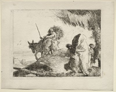 エジプトへの逃避：天使に支えられたマドンナを右側に持つ逃走 作： Giovanni Domenico Tiepolo