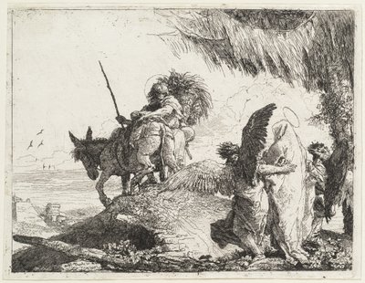 天使に支えられたマドンナが右側にいるザ・フライト 作： Giovanni Domenico Tiepolo