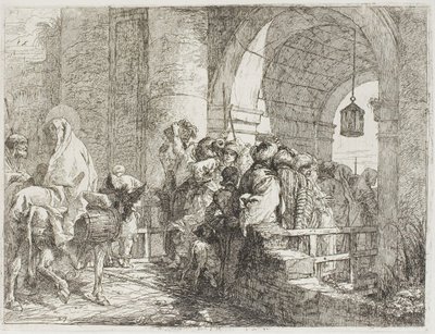 街の門に到着する聖家族、『エジプトへの逃避』のプレート 27 作： Giovanni Domenico Tiepolo