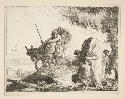 シリーズ Idee pittoresche sopra la fuga in Egitto (Flight into Egypt) からの 2 人の天使の間の聖家族 作： Giovanni Domenico Tiepolo