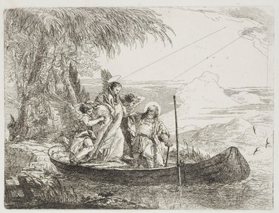 天使の助けを借りて船に乗り込む聖家族、『エジプトへの逃避』のプレート 16 作： Giovanni Domenico Tiepolo