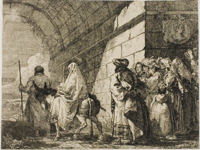 街の門から出て行く聖家族、『エジプトへの逃避』のプレート 7 作： Giovanni Domenico Tiepolo